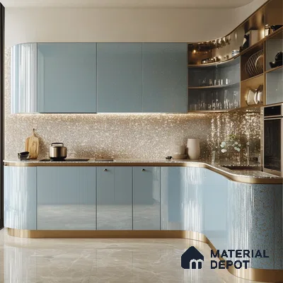 Glamorous Blue and Gold Kitchen with Curved Design | Material Depot