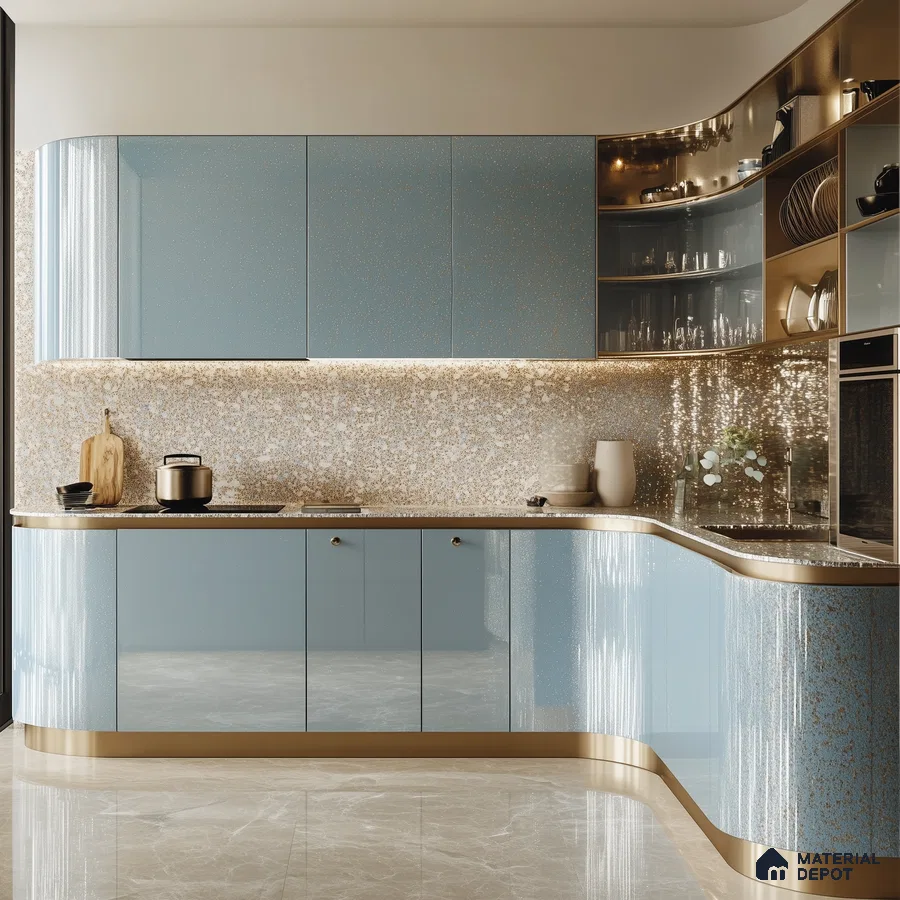 Glamorous Blue and Gold Kitchen with Curved Design | Material Depot
