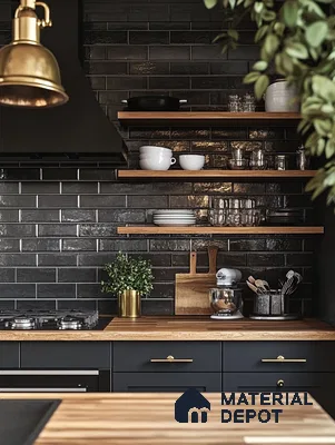 Glamorous Kitchen with Dark Palette and Natural Wood Accents | Material Depot
