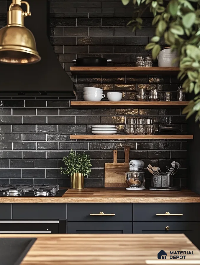 Glamorous Kitchen with Dark Palette and Natural Wood Accents | Material Depot