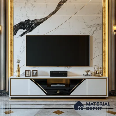 Glamorous Living Room with Marble Feature Wall and Gold Accents | Material Depot