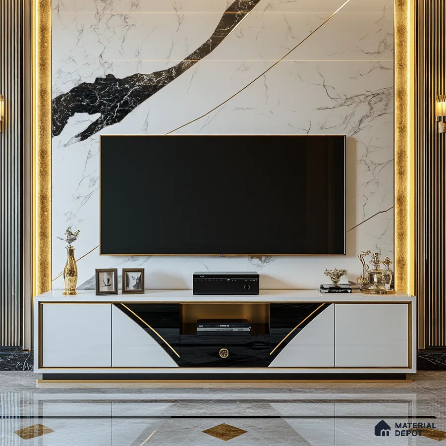 Glamorous Living Room with Marble Feature Wall and Gold Accents | Material Depot
