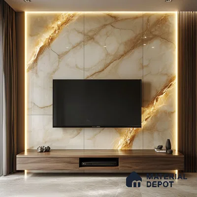 Glamorous Living Room with Marble Feature Wall and Warm Lighting | Material Depot
