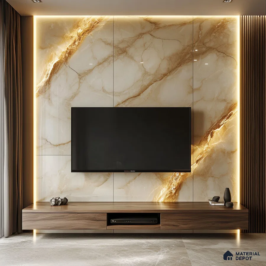Glamorous Living Room with Marble Feature Wall and Warm Lighting | Material Depot