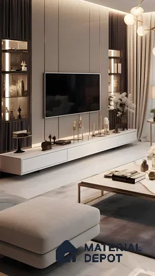 Glamorous Modern Living Room With High-Gloss Tv Wall, Gold Trim Accents, Floating White Console, And Glass-Backlit Display Niches | Material Depot