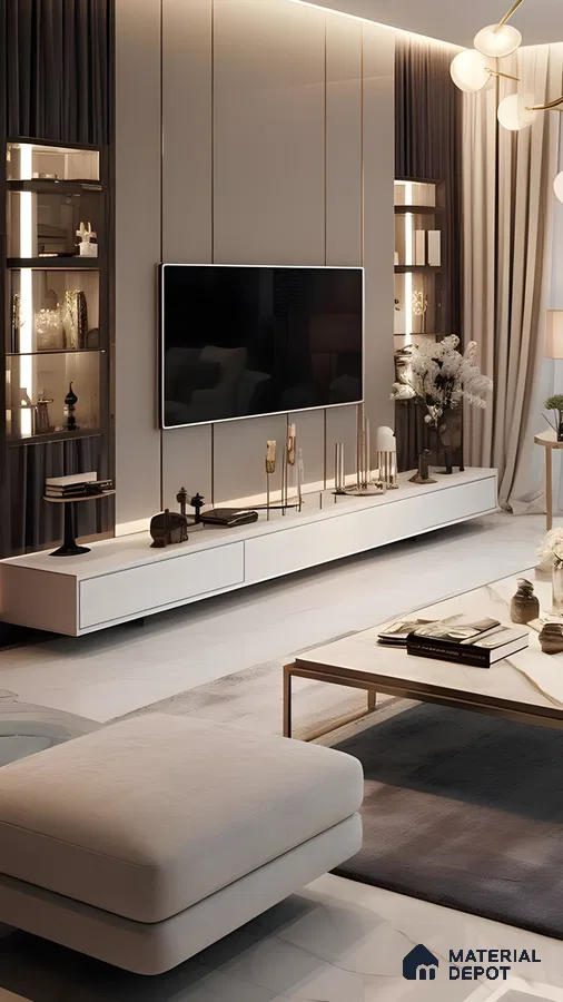 Glamorous Modern Living Room With High-Gloss Tv Wall, Gold Trim Accents, Floating White Console, And Glass-Backlit Display Niches | Material Depot