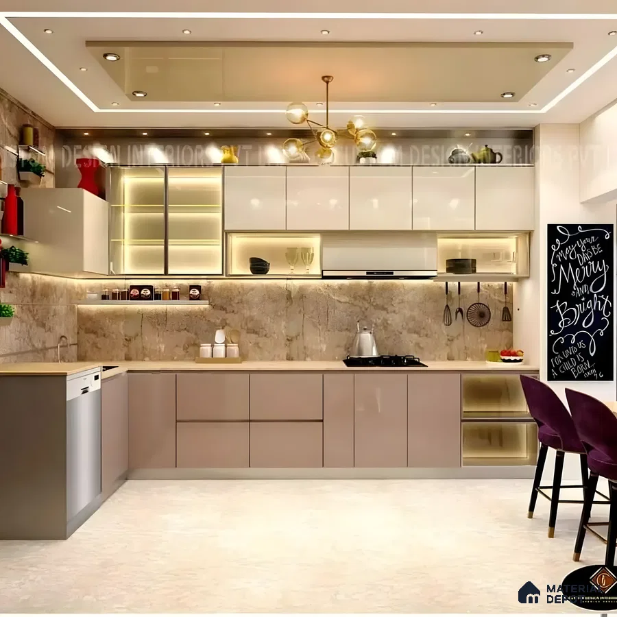 Glamour & Glow: A Golden Beige Kitchen With Velvet Accents | Material Depot