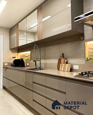 Glass Backsplash And Wooden Accents Kitchen | Material Depot