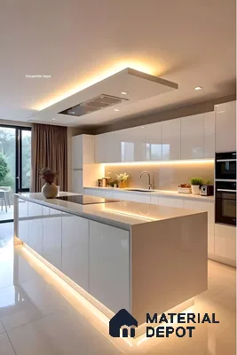 Glossed To Perfection: Sleek White Kitchen With Warm Ambient Lighting | Material Depot