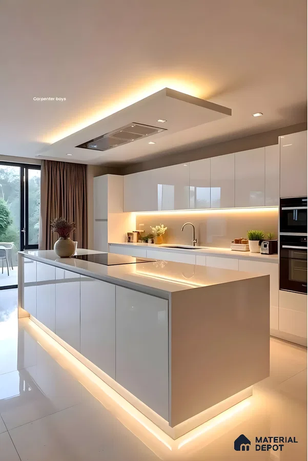 Glossed To Perfection: Sleek White Kitchen With Warm Ambient Lighting | Material Depot