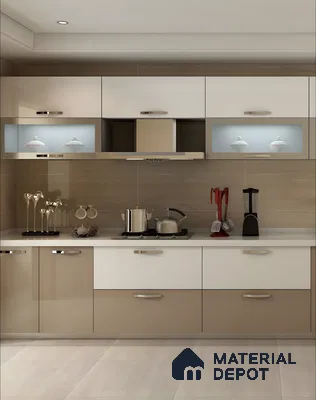 Glossy Beige And White Parallel Kitchen With Seamless Storage And Modern Finishes | Material Depot