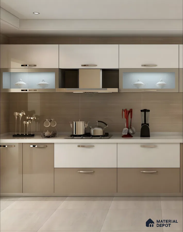 Glossy Beige And White Parallel Kitchen With Seamless Storage And Modern Finishes | Material Depot
