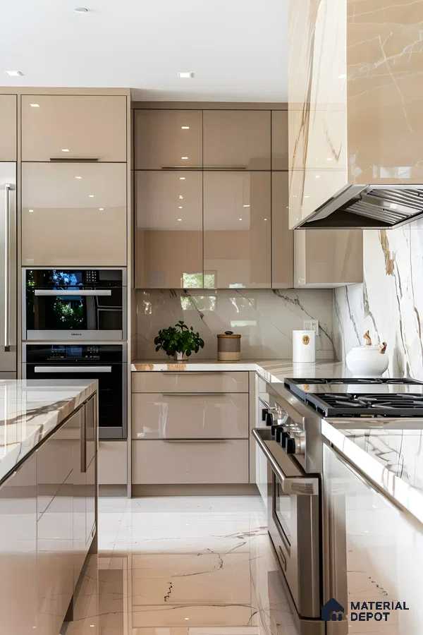 Glossy Beige Kitchen With Marble Accents | Material Depot
