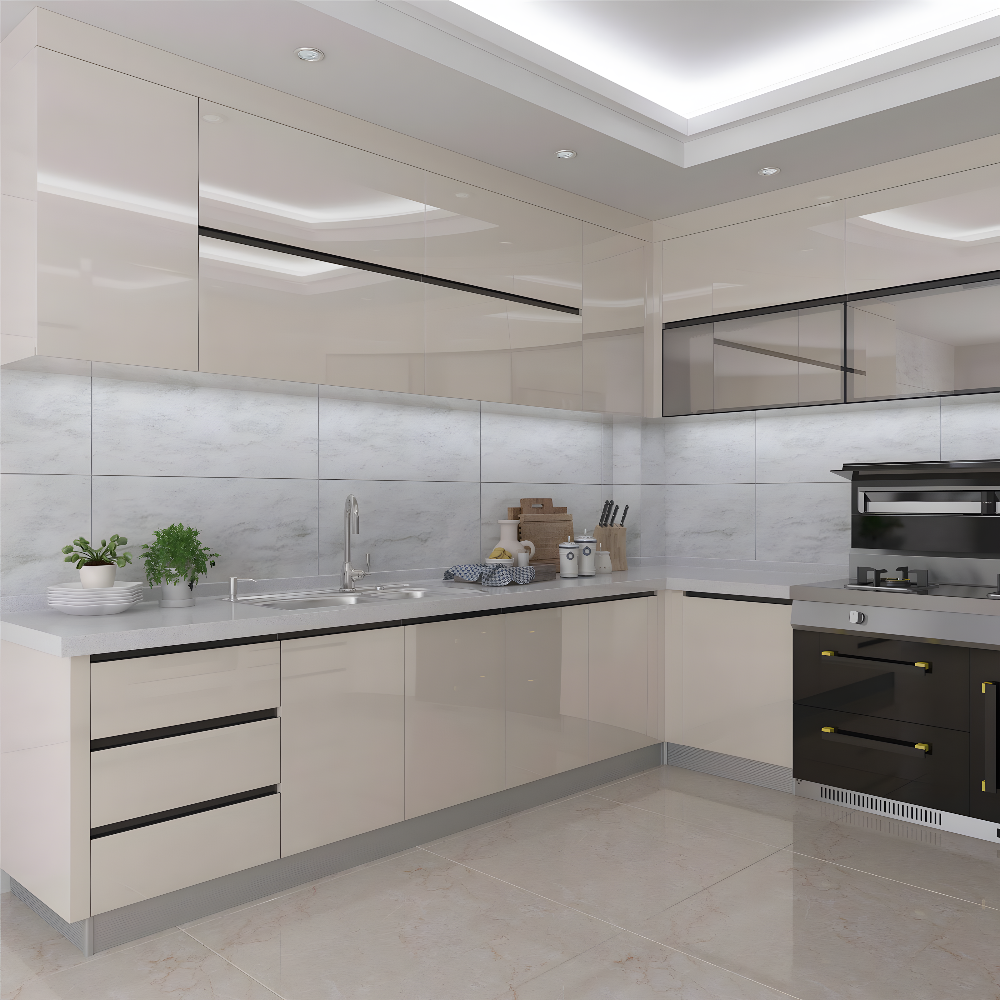 Glossy Beige Kitchen With Marble Backsplash And Modern Black Accents | Material Depot