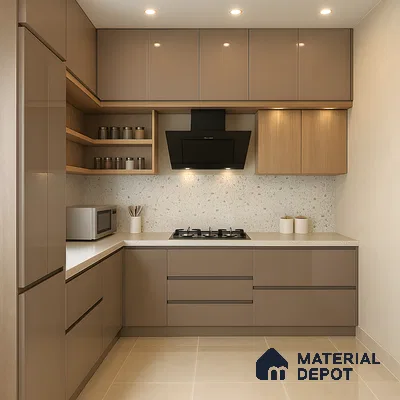 Glossy Beige Kitchen with Terrazzo Backsplash in 2 BHK NCC Urban Mayfair, Yelahanka | Material Depot