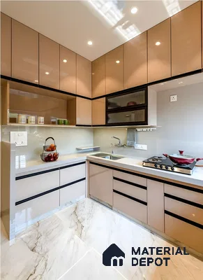 Glossy Beige Modular Kitchen With Fluted Glass Shutters And Marble Finish Flooring | Material Depot