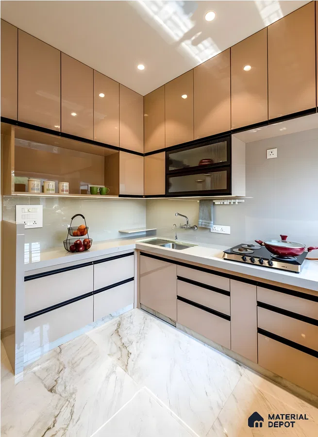 Glossy Beige Modular Kitchen With Fluted Glass Shutters And Marble Finish Flooring | Material Depot