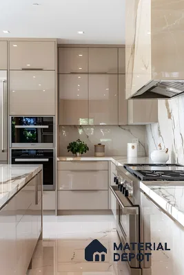 Glossy Beige Modular Kitchen With Marble Countertops And Seamless Built-In Appliances | Material Depot
