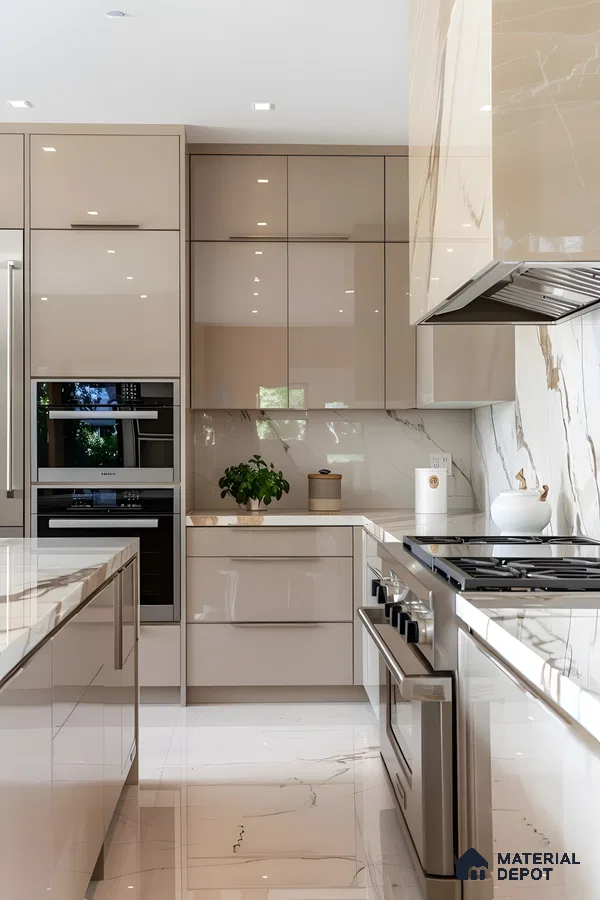 Glossy Beige Modular Kitchen With Marble Countertops And Seamless Built-In Appliances | Material Depot