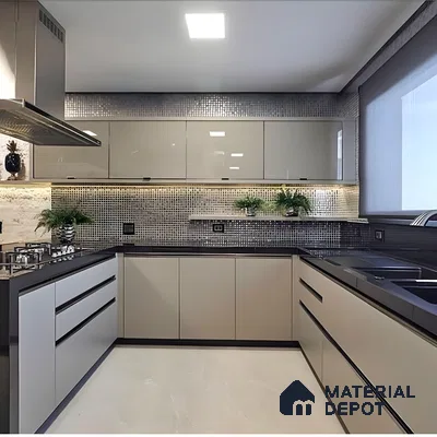 Glossy Beige Modular Kitchen With Mosaic Backsplash And Black Countertops | Material Depot