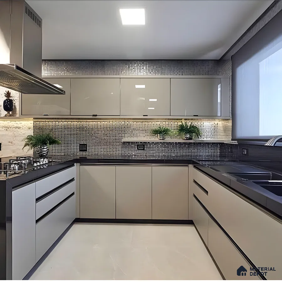 Glossy Beige Modular Kitchen With Mosaic Backsplash And Black Countertops | Material Depot