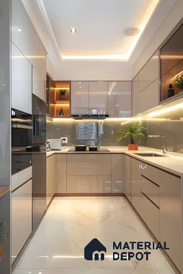 Glossy Beige U-Shaped Kitchen With Backlit Glass Cabinets And Marble-Effect Flooring | Material Depot
