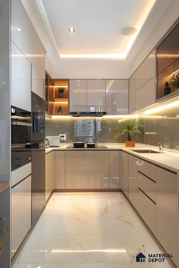 Glossy Beige U-Shaped Kitchen With Backlit Glass Cabinets And Marble-Effect Flooring | Material Depot