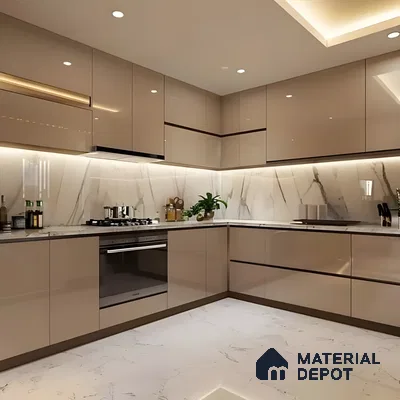 Glossy Beige U-Shaped Kitchen With Marble Vein Backsplash And Seamless Cabinets | Material Depot