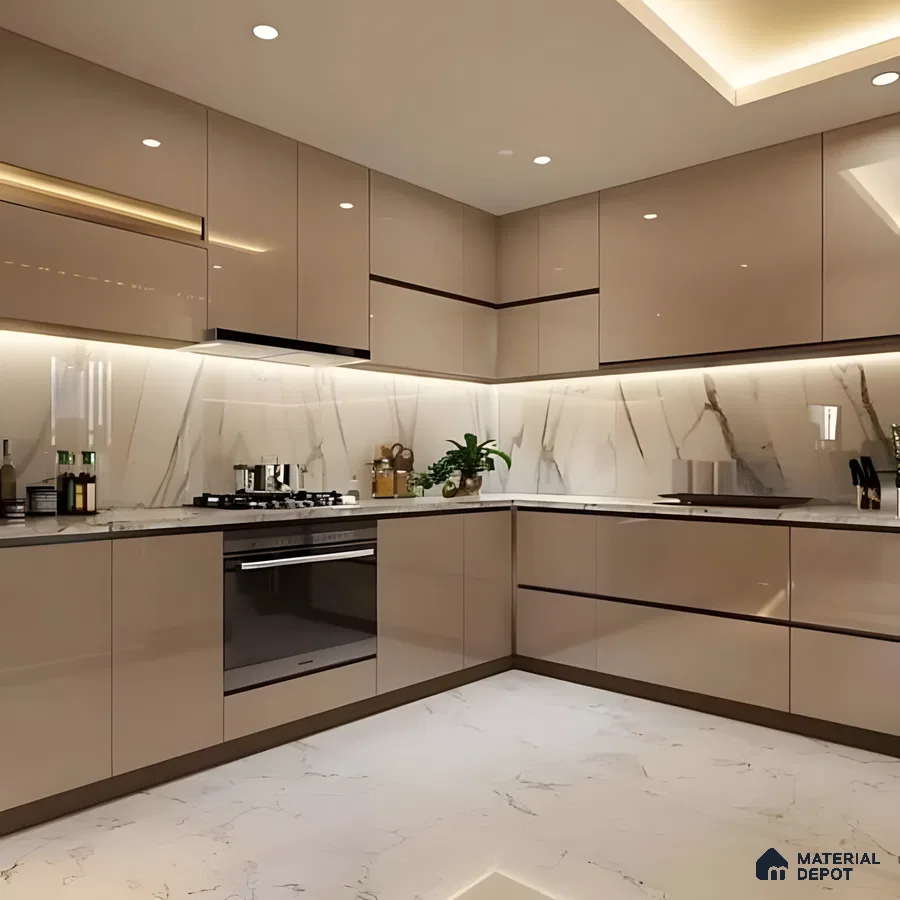 Glossy Beige U-Shaped Kitchen With Marble Vein Backsplash And Seamless Cabinets | Material Depot