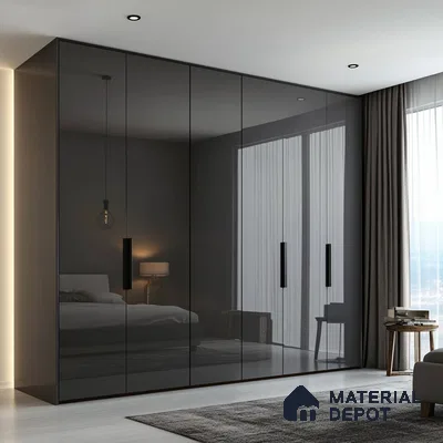 Sleek Grey Glossy Solid Laminate Wardrobe for Modern Minimalist Bedroom | Material Depot