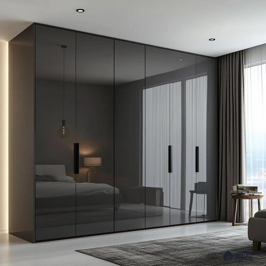 Sleek Grey Glossy Solid Laminate Wardrobe for Modern Minimalist Bedroom | Material Depot