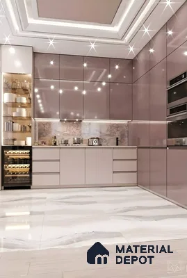 Glossy Cabinets And Marble Flooring Kitchen | Material Depot