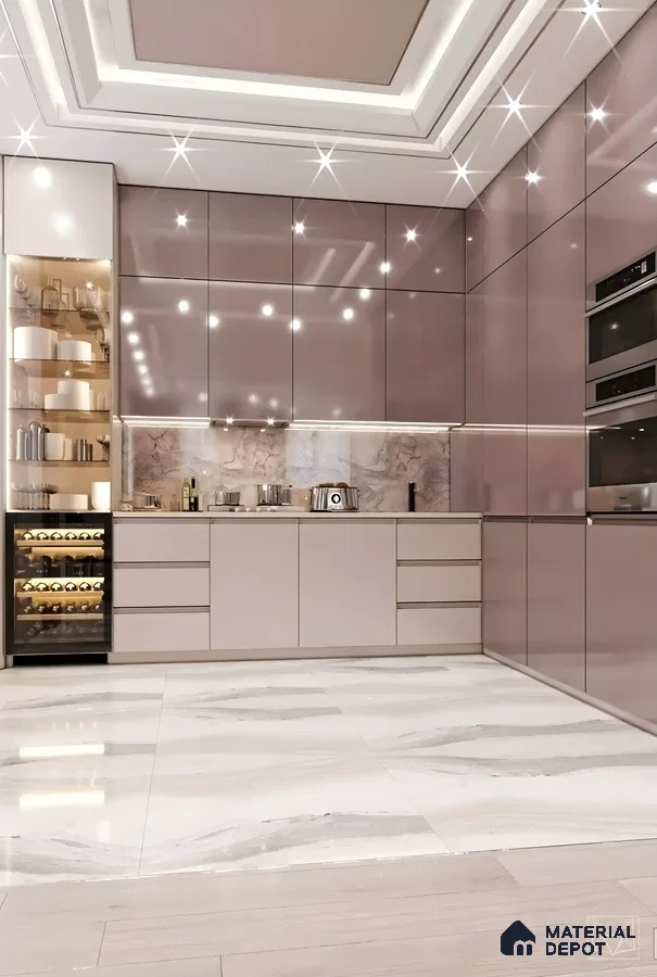Glossy Cabinets And Marble Flooring Kitchen | Material Depot