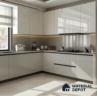 Glossy Cream Solid Laminate Modular Kitchen with Minimalist Contemporary Design | Material Depot