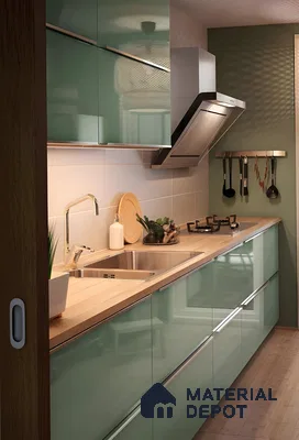 Glossy Green Galley Kitchen With Wood Countertop And Sleek Metal Accents | Material Depot