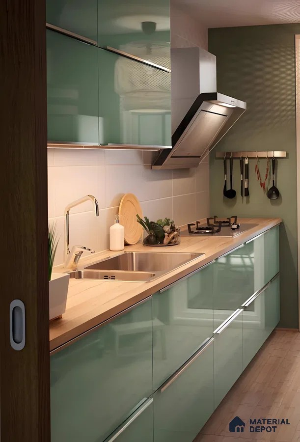 Glossy Green Galley Kitchen With Wood Countertop And Sleek Metal Accents | Material Depot