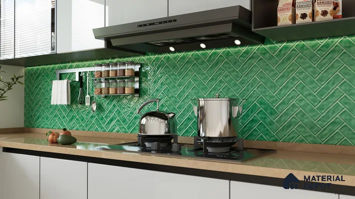 Glossy Green Herringbone Subway Tiles for a Fresh Kitchen Backsplash | Material Depot