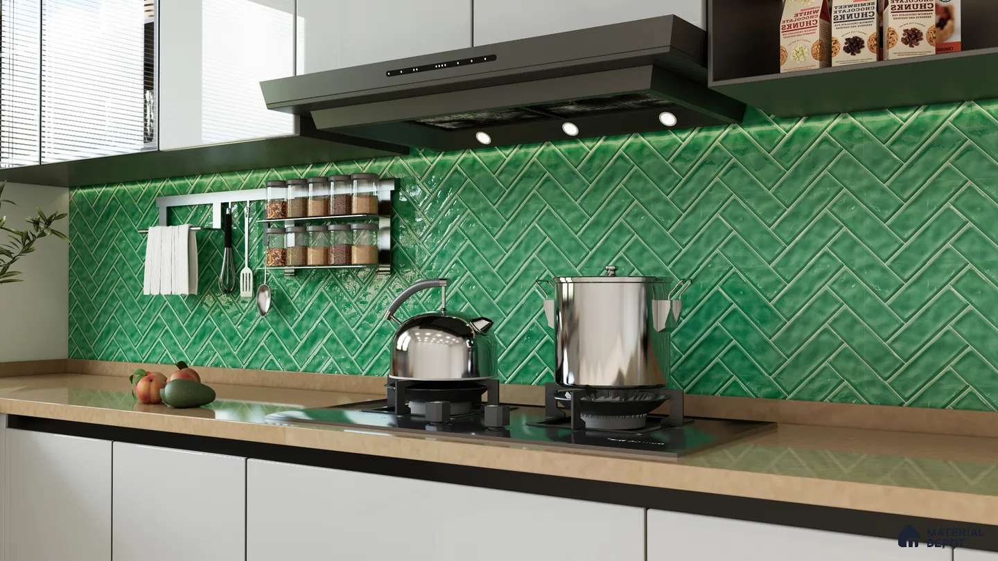 Glossy Green Herringbone Subway Tiles for a Fresh Kitchen Backsplash | Material Depot