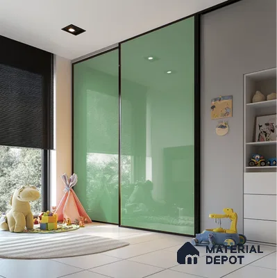 Glossy Green Sliding Wardrobe for Kids' Room with Playful Design | Material Depot
