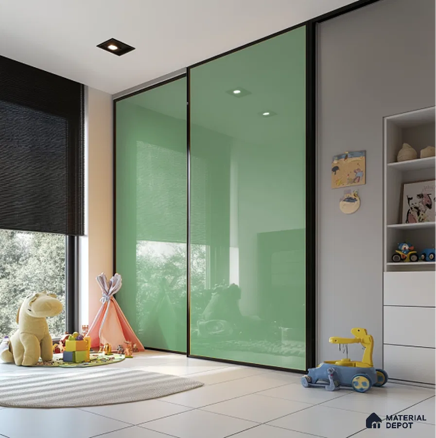 Glossy Green Sliding Wardrobe for Kids' Room with Playful Design | Material Depot