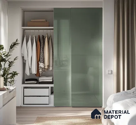 Glossy Green Sliding Wardrobe for a Sleek Modern Bedroom Design | Material Depot