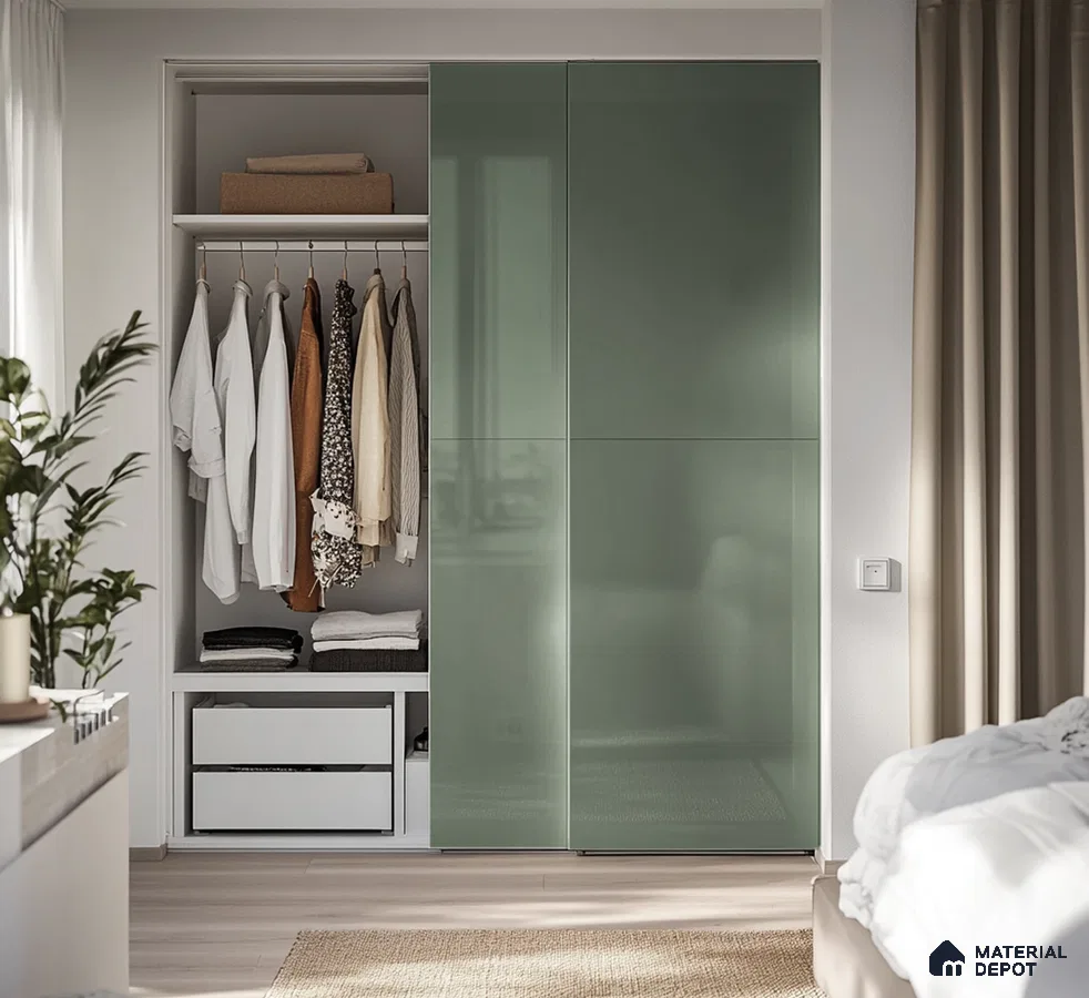 Glossy Green Sliding Wardrobe for a Sleek Modern Bedroom Design | Material Depot