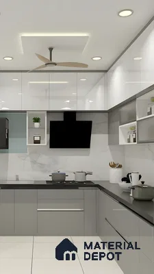 Glossy Grey And White U-Shaped Kitchen With Marble Backsplash And Circular Light Ceiling Panel | Material Depot