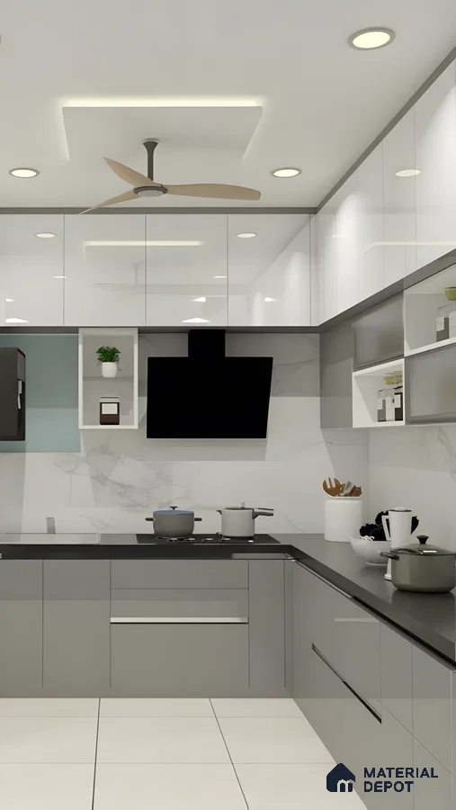 Glossy Grey And White U-Shaped Kitchen With Marble Backsplash And Circular Light Ceiling Panel | Material Depot
