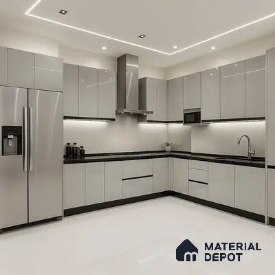 Glossy Grey Modular Kitchen with Black Granite Countertop and Integrated Lighting in 2 BHK Nagarjuna Meadows, Yelahanka | Material Depot