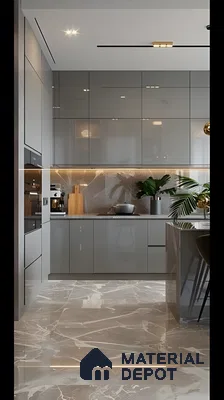 Glossy Grey Modular Kitchen With Marble Backsplash And Marble Floor Tile | Material Depot