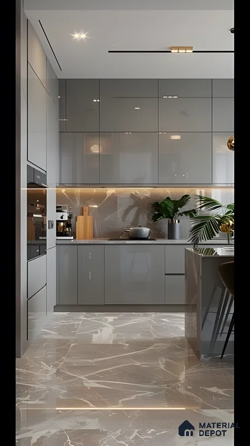 Glossy Grey Modular Kitchen With Marble Backsplash And Marble Floor Tile | Material Depot