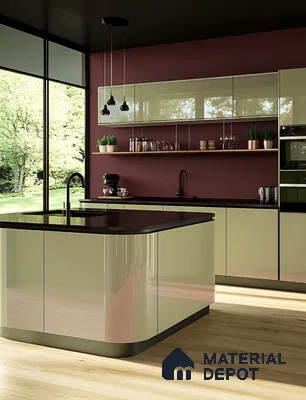 Contemporary Green and Oak Kitchen with Textured Backsplash | Material Depot