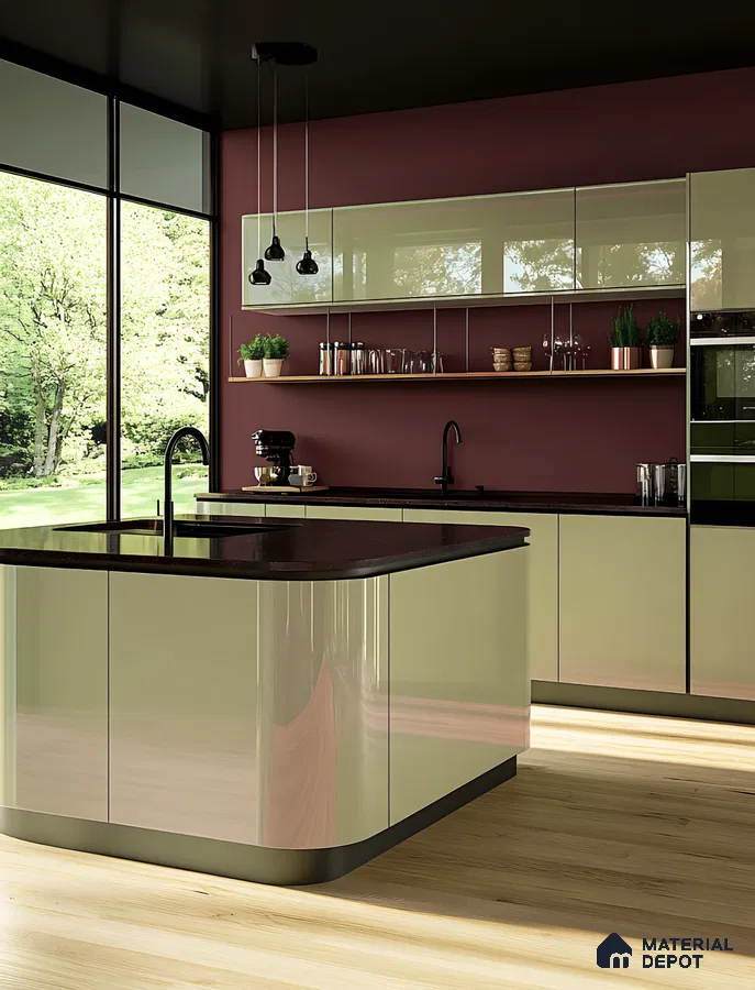 Contemporary Green and Oak Kitchen with Textured Backsplash | Material Depot