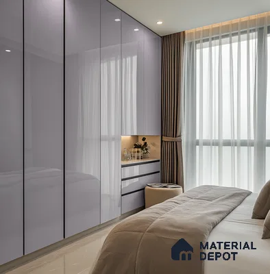 Glossy Lavender Laminate Wardrobe with Niche Storage in Modern Bedroom | Material Depot